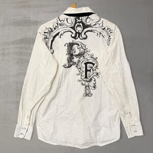 Y2K Phat Farm Button Up Shirt White Graphic Back Affliction Style Men's Medium